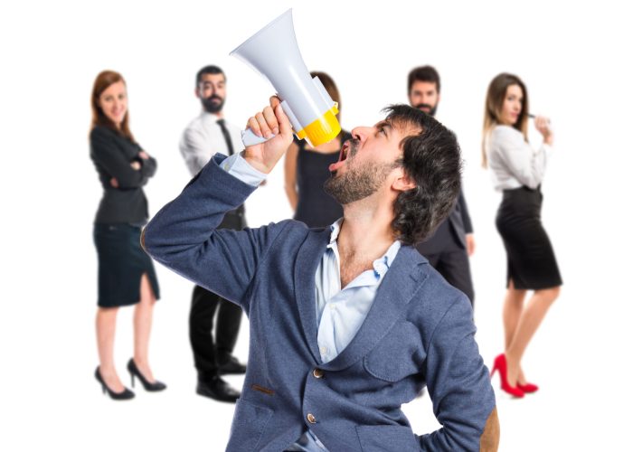 Man shouting over isolated white background